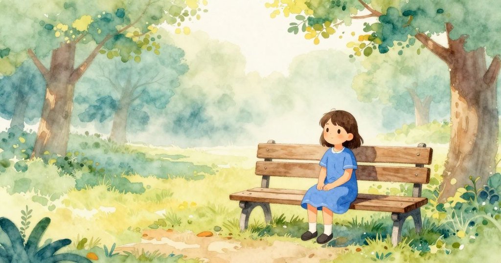 艾拉坐在溫暖長椅上,晨霧瀰漫,神情平靜,展現故事開始的寧靜氛圍