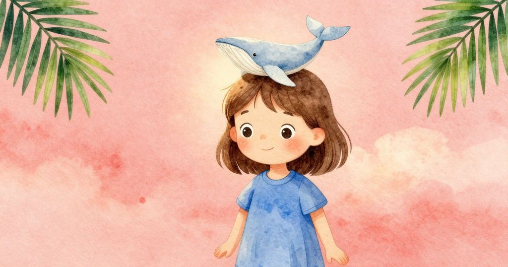 艾拉的長髮上輕輕停著鮮豔的紙鯨,光線柔和,營造出充滿奇幻的故事發展情境