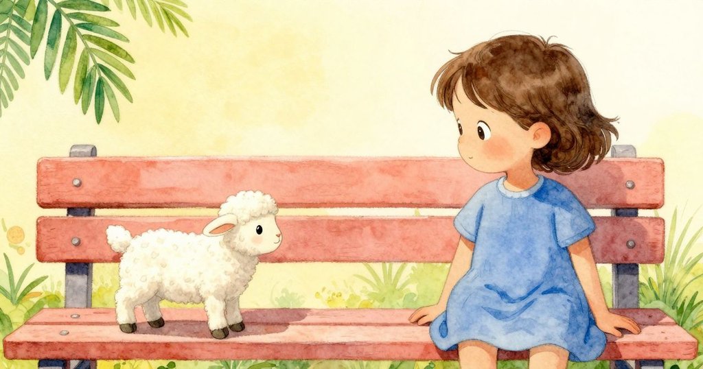 從背後觀察,艾拉膝蓋輕觸滑落的玩具羊,神情中帶有輕微驚訝,場景充滿暖陽氣息