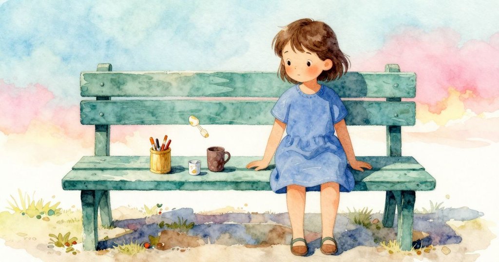 從上方俯瞰,展示艾拉身旁木製鳥鳴器滾動、小管子觸碰袖口及小積木滑動,細膩呈現故事情節