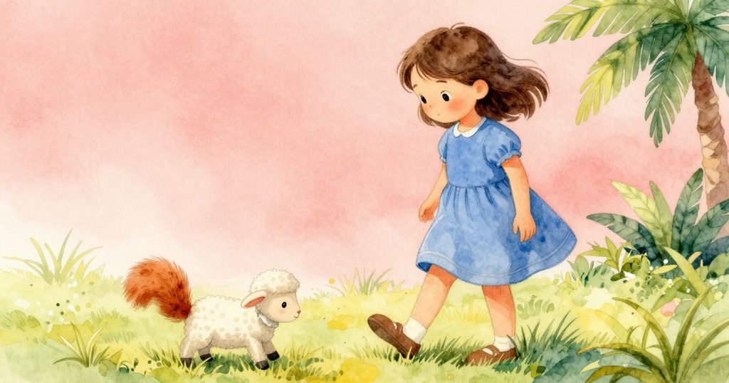 艾拉注意到鞋邊落下的小松鼠與滑動的玩具羊,充滿動態互動與好奇之情,場景溫暖明亮