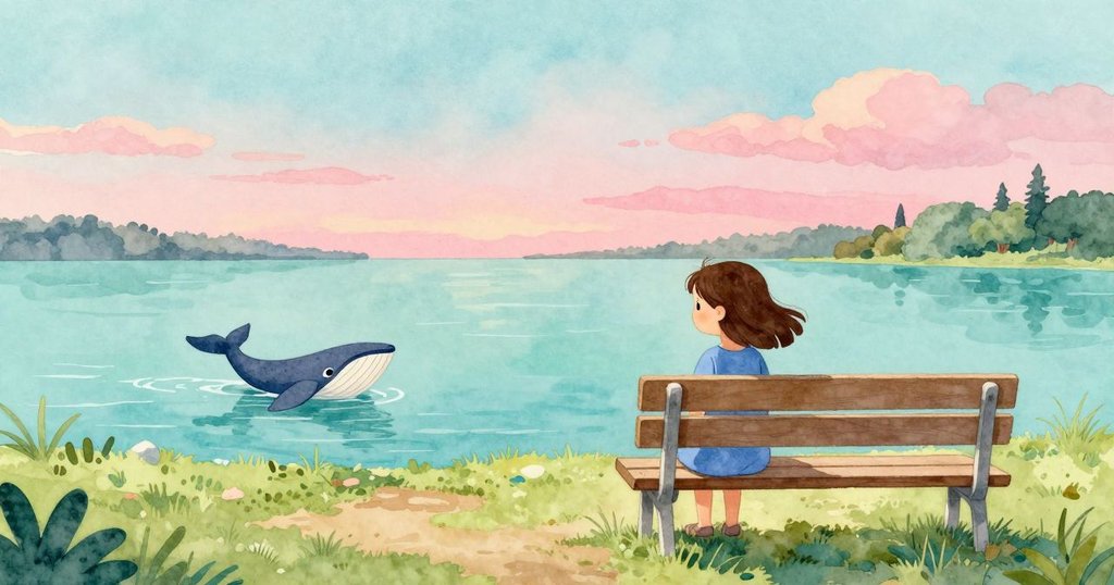 寧靜寬闊的場景中,艾拉靜坐長椅,紙鯨遠飄向池塘,玩具羊和小松鼠點綴著故事圓滿結局