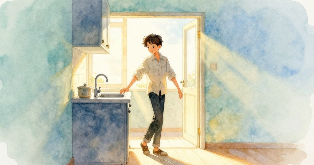 Gareth 走進明亮的廚房, 好奇地看著陽光照射下滴水台面與柔軟黃油, 溫暖舒適的場景展開故事開端