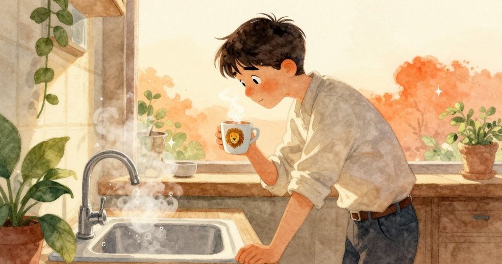 Gareth 靠近櫃檯, 仔細觀察冒著熱氣印有獅子圖案的杯子, 背景中肥皂泡慢慢消散, 情緒平靜而專注