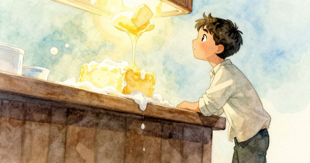 低角度呈現, Gareth 仰望櫃檯上的變化, 皂泡逐漸稀薄, 黃油邊緣沉降, 神情充滿好奇與驚奇