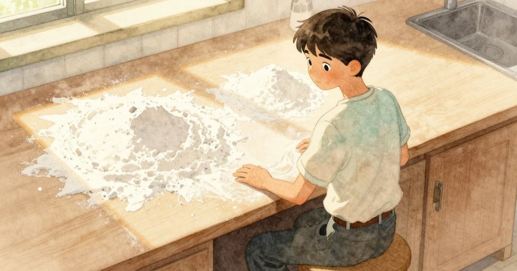 從上方俯瞰櫃檯, 灰白麵粉像雪原般鋪展, 兩堆糖均衡對稱, Gareth 靜靜觀察, 氣氛寧靜且沉思