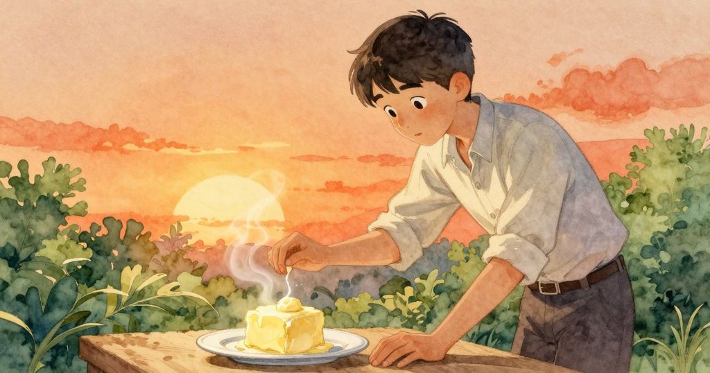 Gareth 專注注視變化中的黃油, 遠方聽見盤子輕微響聲, 場景充滿靜謐懸念, 神情凝重期待下一步