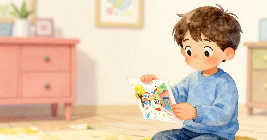 Ian 仔細拿著紙方塊，上繪街道與遊樂場，展現創意與對家庭的溫馨記憶，室內燈光柔和溫暖。