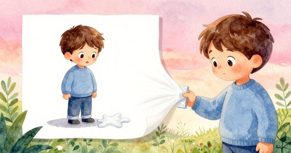 Ian 目光專注，留意到膠水蔓延中紙角被微風吹起，分割畫面呈現創意挑戰與堅持情懷，室內光線柔和。