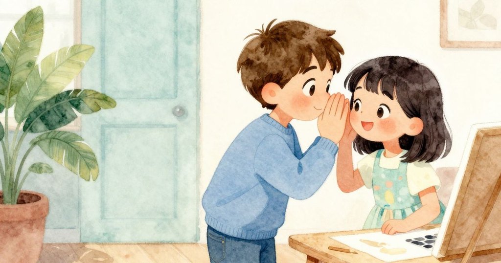 Ingrid 靠近輕言鼓勵，Ian 微笑回應，共享創意成功瞬間，教室充滿溫暖氛圍，展現友善互動。