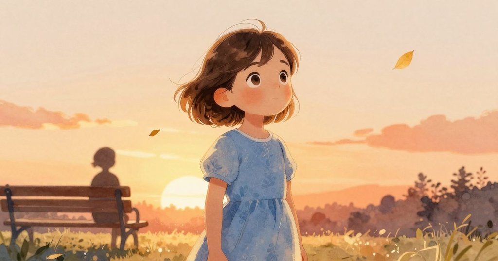 Wanda站在公園長椅旁,手持醫療包,背景夕陽映照下黃葉飄落,呈現故事開端的溫暖氛圍