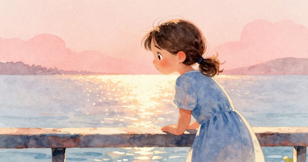 Wanda彎腰透過鐵欄杆的縫隙觀察遠處光影閃爍的水面,展現探索過程中的好奇心