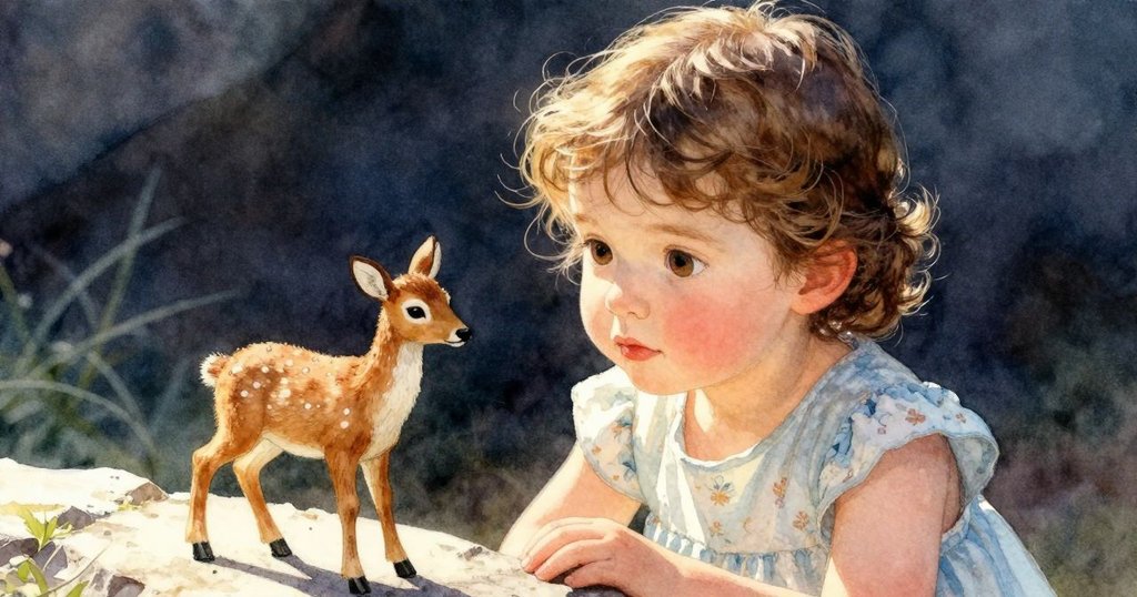 鏡頭特寫展示玩具鹿安放於石上,陽光強烈反射出神秘光澤,突顯尋找過程中的驚喜發現