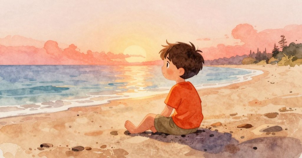 馬克斯坐在海邊，輕觸溫暖沙粒，潮汐池邊靜謐等待冒險，充滿溫柔晨光