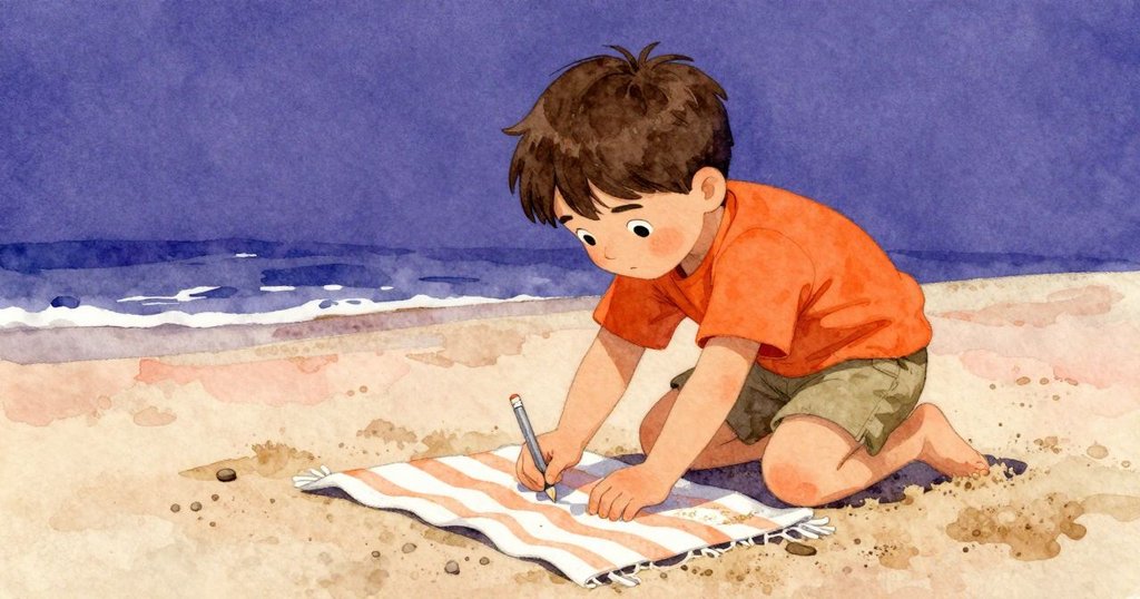 馬克斯專注折疊條紋毛毯以包裹沙中半埋的銀色鉛筆，周遭濕沙與潮汐池靜謐陪伴