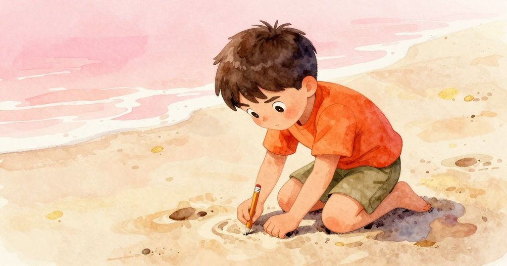 從高處視角看馬克斯跪在沙灘上，用力拔出埋藏鉛筆，神情中透露堅毅與脆弱共融