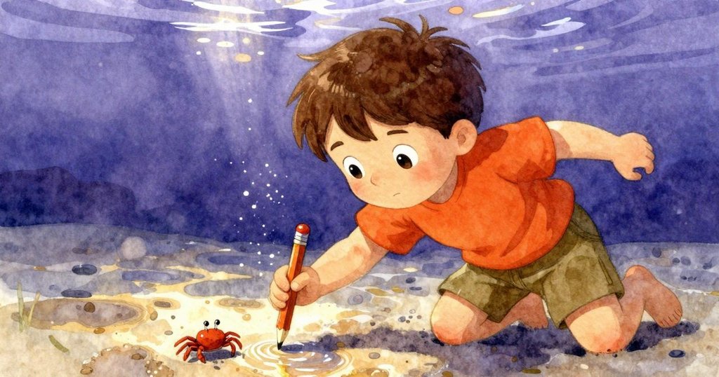 水下景象中，閃亮鉛筆與細膩水波互動，小螃蟹於沙中穿梭，展現自然奇妙魔法