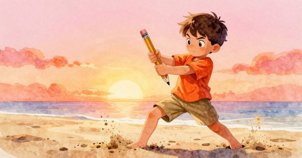 馬克斯充滿決心地扭轉鉛筆，沙粒四散，旁邊半築沙堡如燈塔門般，展現奮力勝利