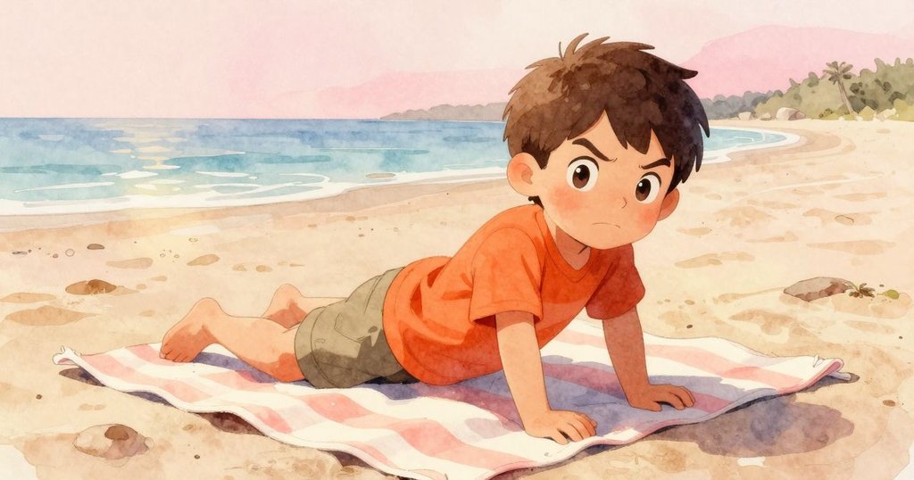 馬克斯在條紋毛毯上安然休息，凝望平靜潮汐池，臉上帶著溫柔微笑，享受挑戰後的平和時刻