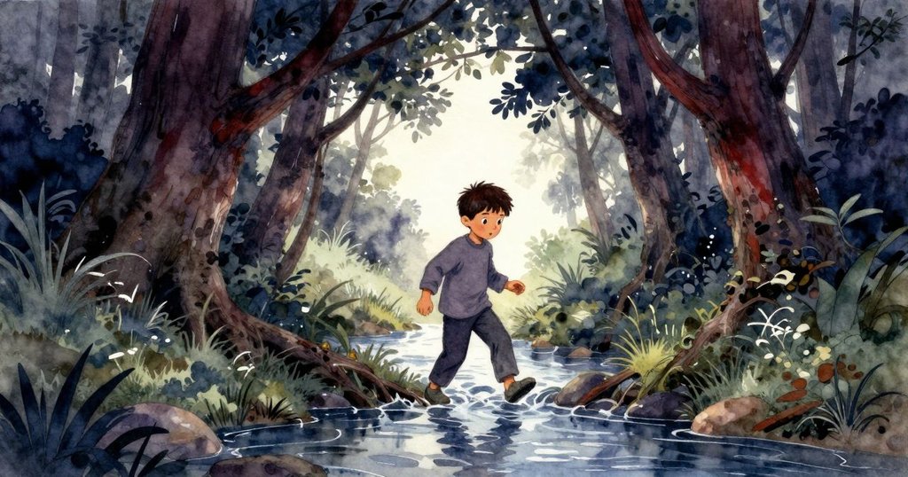 奧利安穿過由樹枝交織的天然門道,踏入靜謐溪流邊,神情充滿好奇和期待,展現自然探索的開始