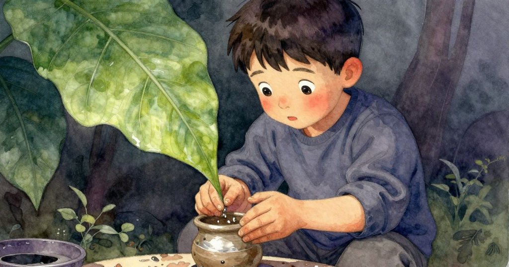 奧利安專注於塑造泥杯,手中捏製泥土細節清晰,葉滴輕落,彰顯創作的精緻與象徵意義