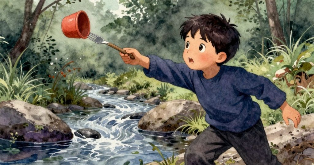 奧利安迅速伸手使用分叉棍子去抓漂流中的泥杯,動作敏捷,背景展現活躍溪流與自然環境