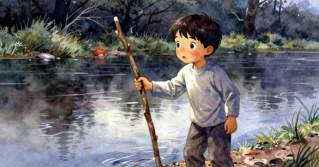 奧利安在溪邊停下來,手持分叉棍子沉思是否應該追回泥杯,神情中透露出內心的掙扎