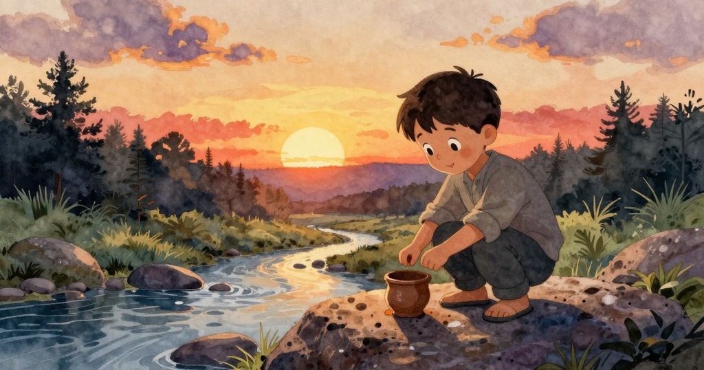 在溫暖夕陽下,泥杯穩穩坐落在岩石上,奧利安帶著釋懷的微笑望向平靜的溪流,畫面充滿寧靜感