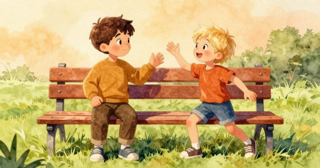 阿莫斯坐在公園長椅上享受晨光，旁邊孩子熱情揮手，陽光灑落環境生動，故事開端充滿溫暖氣息