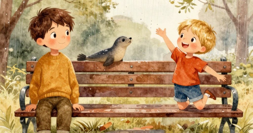 透過帶雨滴痕跡玻璃窗框見公園景色，玩具海豹輕輕漂浮，光影交錯中情節逐漸發展