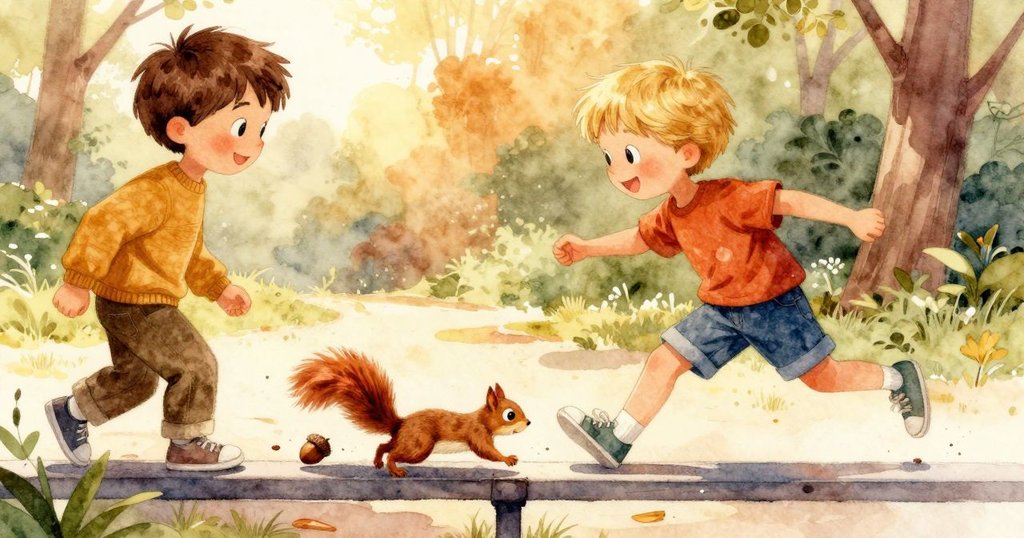 松鼠沿著欄杆快速追逐滾動橡果，動作迅速生動，展現故事高潮中的緊迫與活力