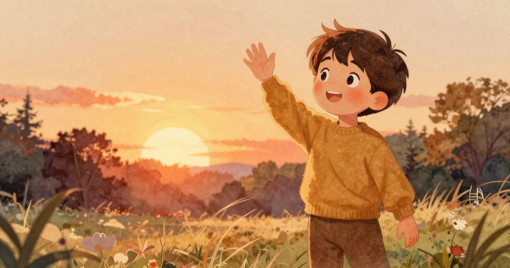 阿莫斯在夕陽下向公園揮手告別，玩具海豹靜靜靠近膝邊，情感溫柔展現結局氛圍