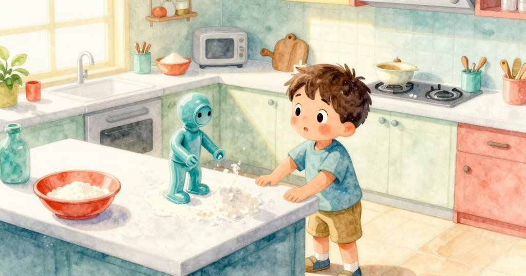 霍利斯站在明亮廚房櫃檯邊，晨光灑入室內，塑料工人玩偶在麵粉上滑動，氛圍溫暖舒適。