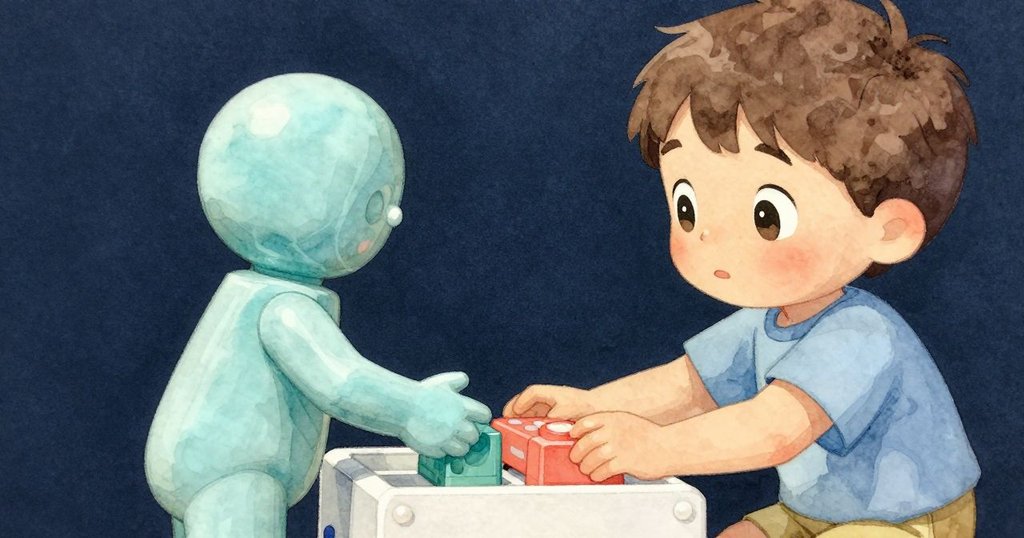 霍利斯伸出小手去抓桌上滑動的玩具，背景散布麵粉與糖粒，神情專注好奇。