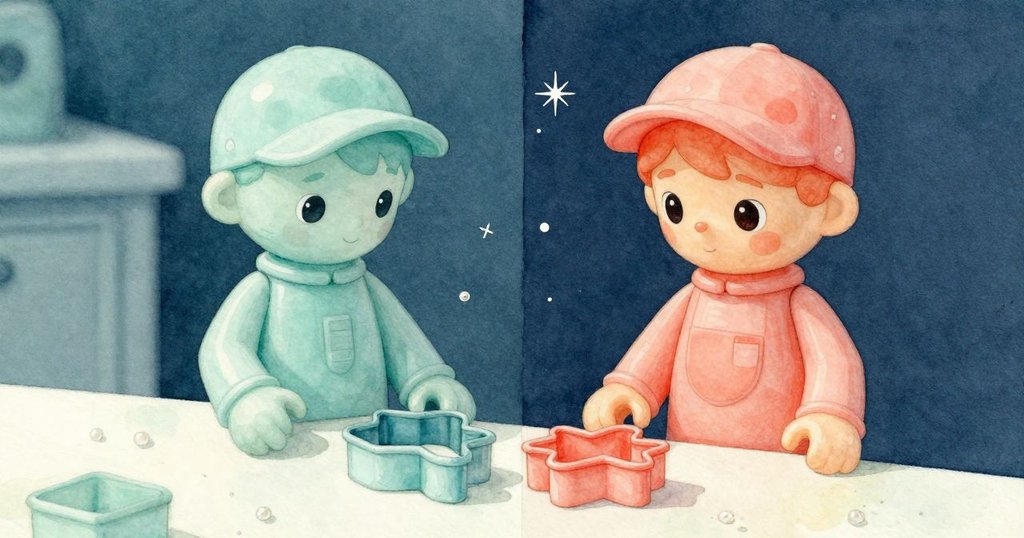 一邊展示塑料工人停靠餅乾切割器，另一邊顯現閃亮糖粒與花形餅乾輪廓，精彩連環呈現。