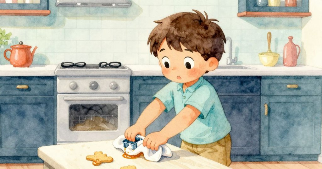 霍利斯用濕布輕推切割器，糖漿漸漸鬆動，廚房內光線柔和，時間流逝感明顯。