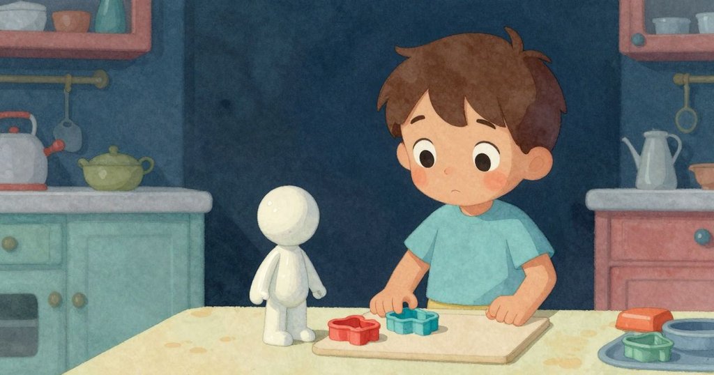 在平靜廚房中，霍利斯將玩具與切割器輕放於板上，暮光柔和，氛圍安然寧靜。