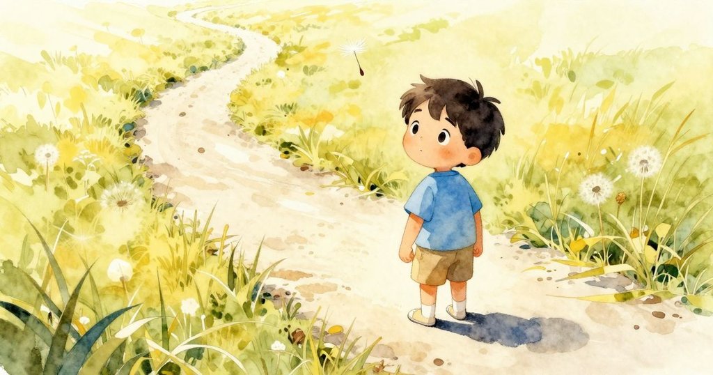 Reese 站在修剪草地的蜿蜒道路上, 空中飄著輕柔的蒲公英種子, 陽光普照, 充滿了好奇與溫暖的開始