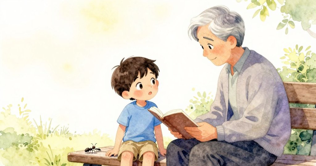 從背後看, Reese 注視著坐在長椅上安靜閱讀的老人, 地面上細小螞蟻在活動, 呈現戶外平和情景