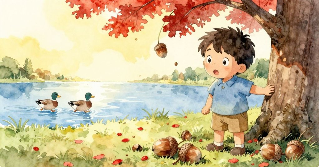 Reese 停下來站在散落的橡實旁, 目光追隨著種子沿老橡樹上升, 遠處鴨子穿越閃亮池塘, 營造懸疑氣氛