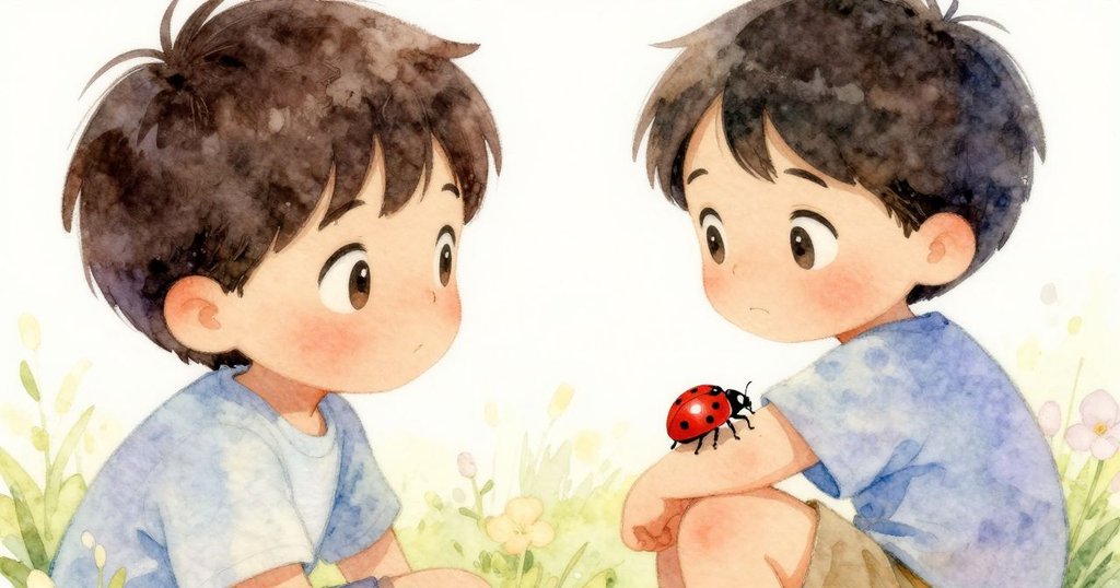 Reese 的袖子上停了一隻小瓢蟲, 臉上流露著寧靜的驚喜, 戶外背景模糊, 象徵著冒險結束的魔法瞬間