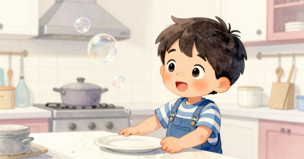 麥斯專注望著櫃台上搖晃的盤子，旁邊大人伸出手調整，肥皂泡輕輕滑過叉子，營造溫馨家庭情景