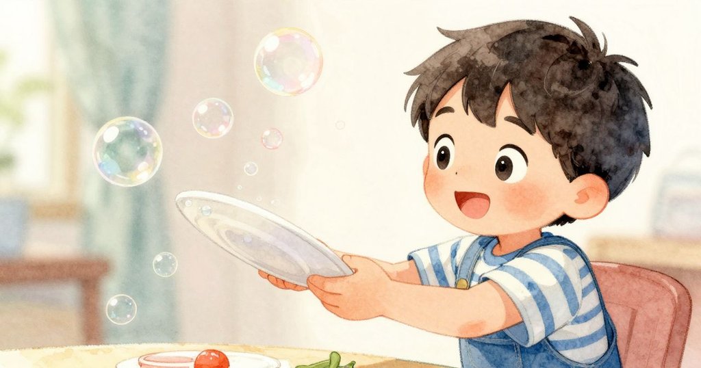 以傾斜的視角展示盤子和漂浮肥皂泡，大人輕輕拾起盤子，畫面充滿溫柔又俏皮的家居氣氛