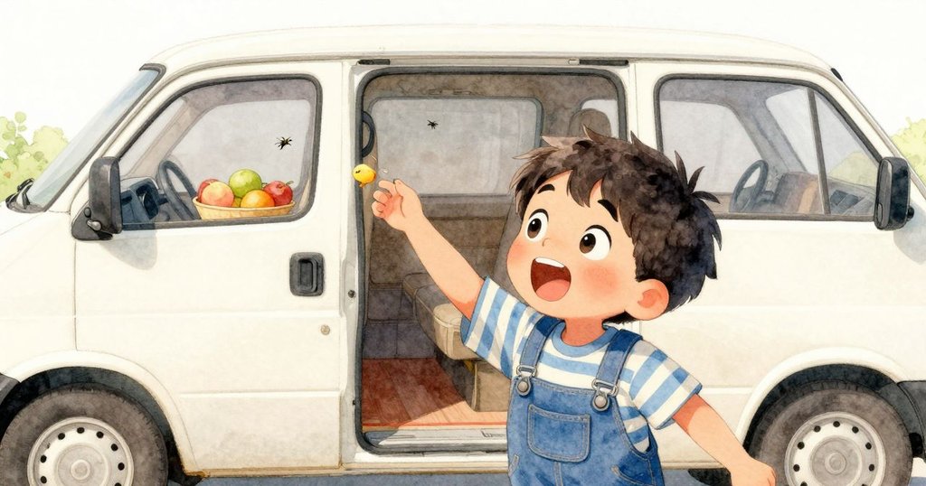 外景中送貨司機在貨車旁唱歌，貨車門連續敲擊兩下，小蒼蠅在水果碗旁飛舞，畫面充滿活力動感