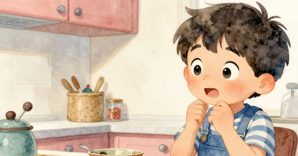 麥斯凝視著水龍頭滴水，眼中閃爍著驚奇與思索，廚房角落充滿溫柔與持續家居韻律