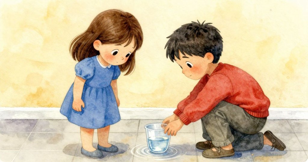 艾莉絲輕推桌上水杯，水中泛起微小波紋，教室瓷磚上足跡清晰，動作溫柔而細膩。