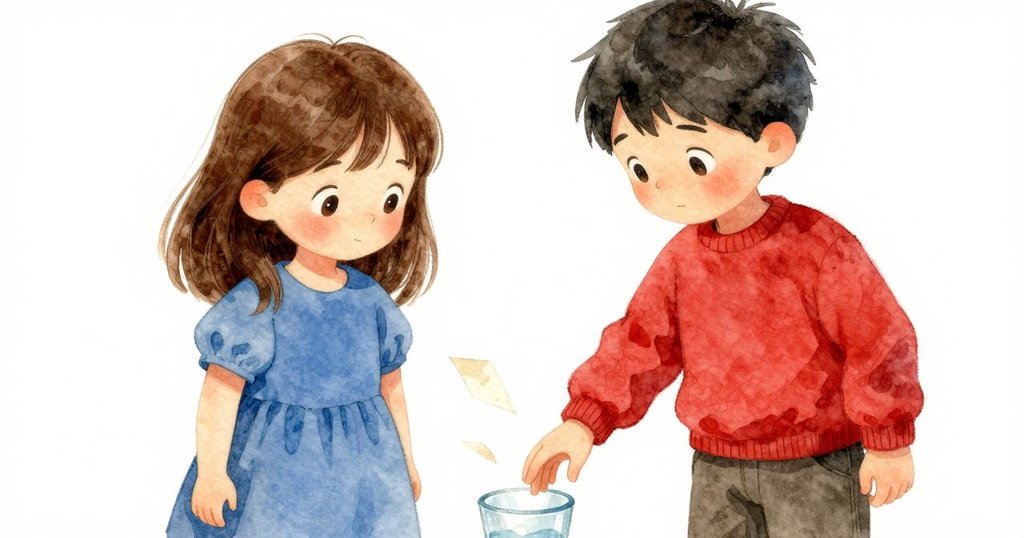 從小生物視角看，艾莉絲輕推水杯，紙角在地板上輕飄，細膩展現課室中不易察覺的細節。