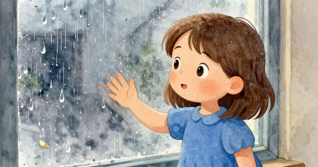 艾莉絲輕觸冰冷窗玻璃，雨滴形成的圈圈波紋柔化灰光，室內溫暖與室外冷光交織，氣氛詩意。