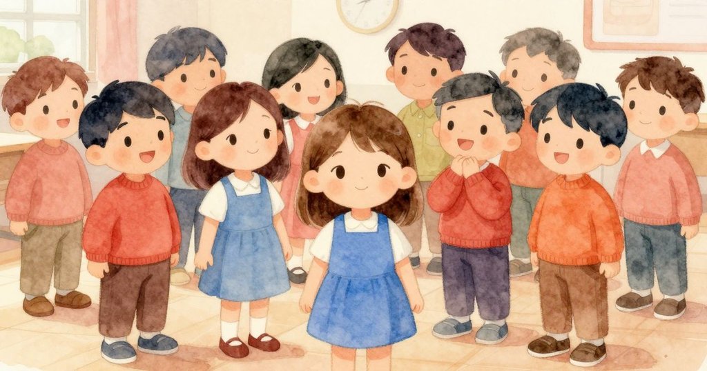 課室內艾莉絲微笑，路克表情變得柔和，加上其他同學共享溫暖瞬間，呈現出一種靜謐慶祝的氛圍。