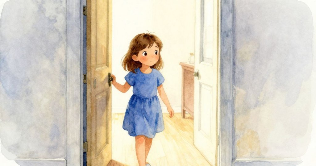 艾莉絲推開擺動的門走入明亮走廊，與等待的朋友重逢，象徵雨後新開始，溫情流露。